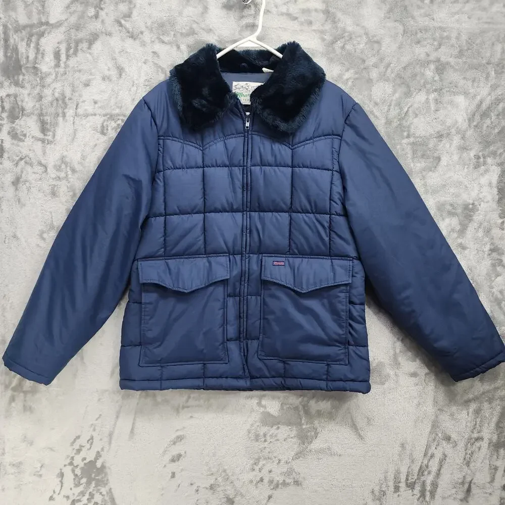 Vintage 70s Wrangler Outerwear Coat Mens M Blue Faux Fur Collar Quilted Puffer